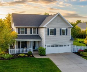 Two-story suburban house with a front porch, attached garage, white fence, and landscaped yard at sunset.