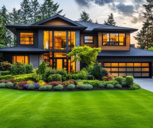 Modern two-story house with large windows, landscaped front yard, and a driveway at sunset.
