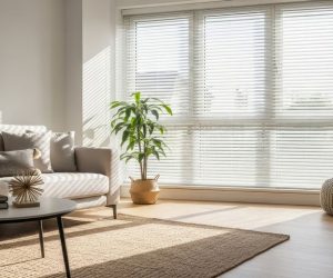 Bright living room with a sofa, coffee table, potted plant, pouf, and large windows with blinds letting in sunlight.